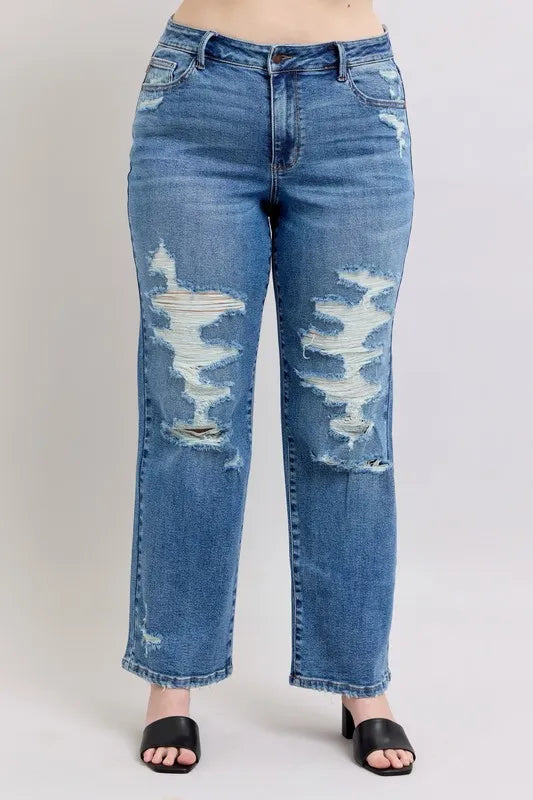 Judy Blue Full Size High Waist Heavy Destroy Straight Jeans Plus Size - Women / Jeans & Denim by Trendsi | Available at Handbags Specialist Headquarter