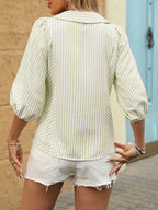 Striped Button Down 3/4 Sleeve Shirt - Women's Down Shirt Tops by Trendsi | Available at Handbags Specialist Headquarter