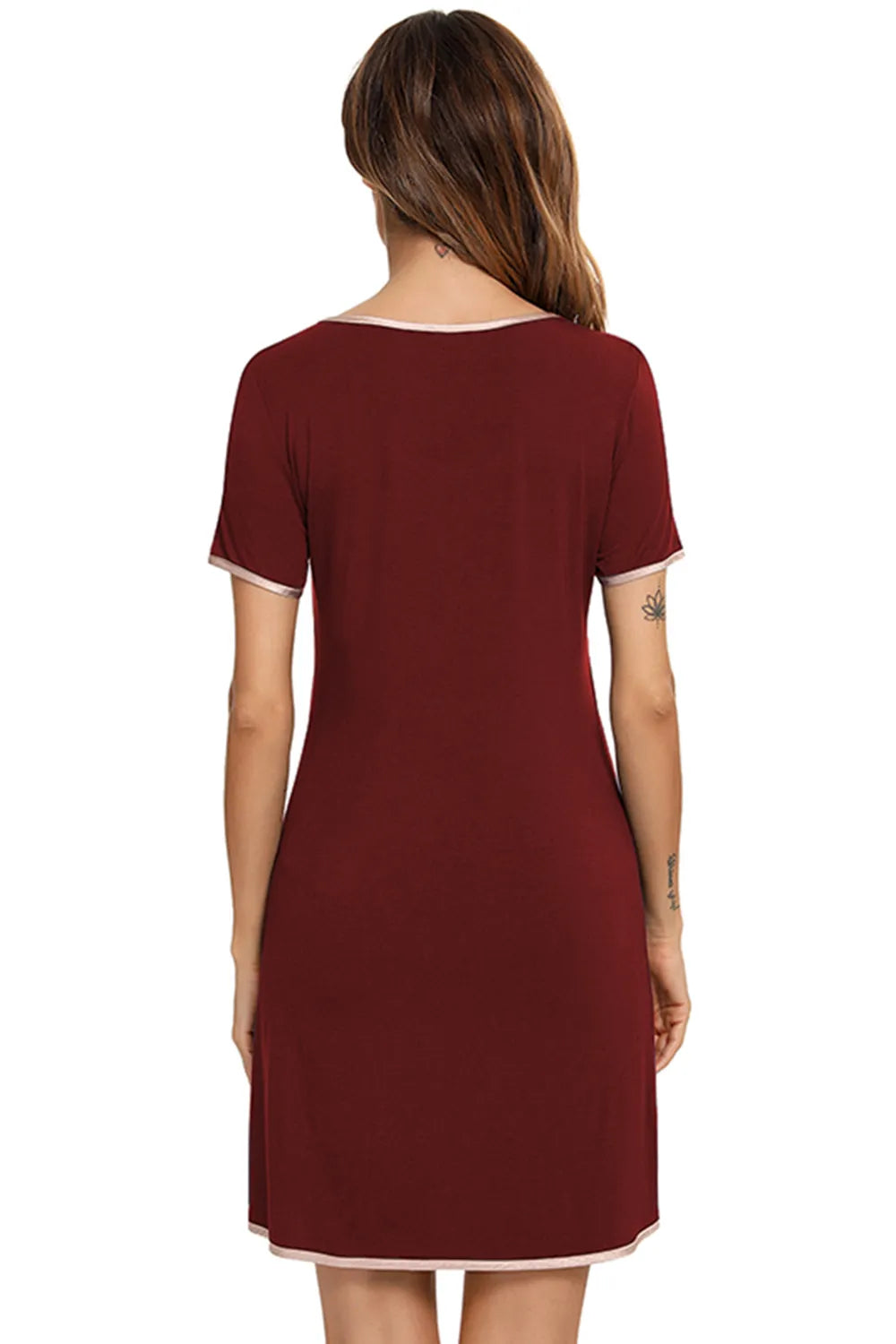 Contrast Trim Pocketed Round Neck Lounge Dress - Sleepwear by Trendsi | Available at Handbags Specialist Headquarter