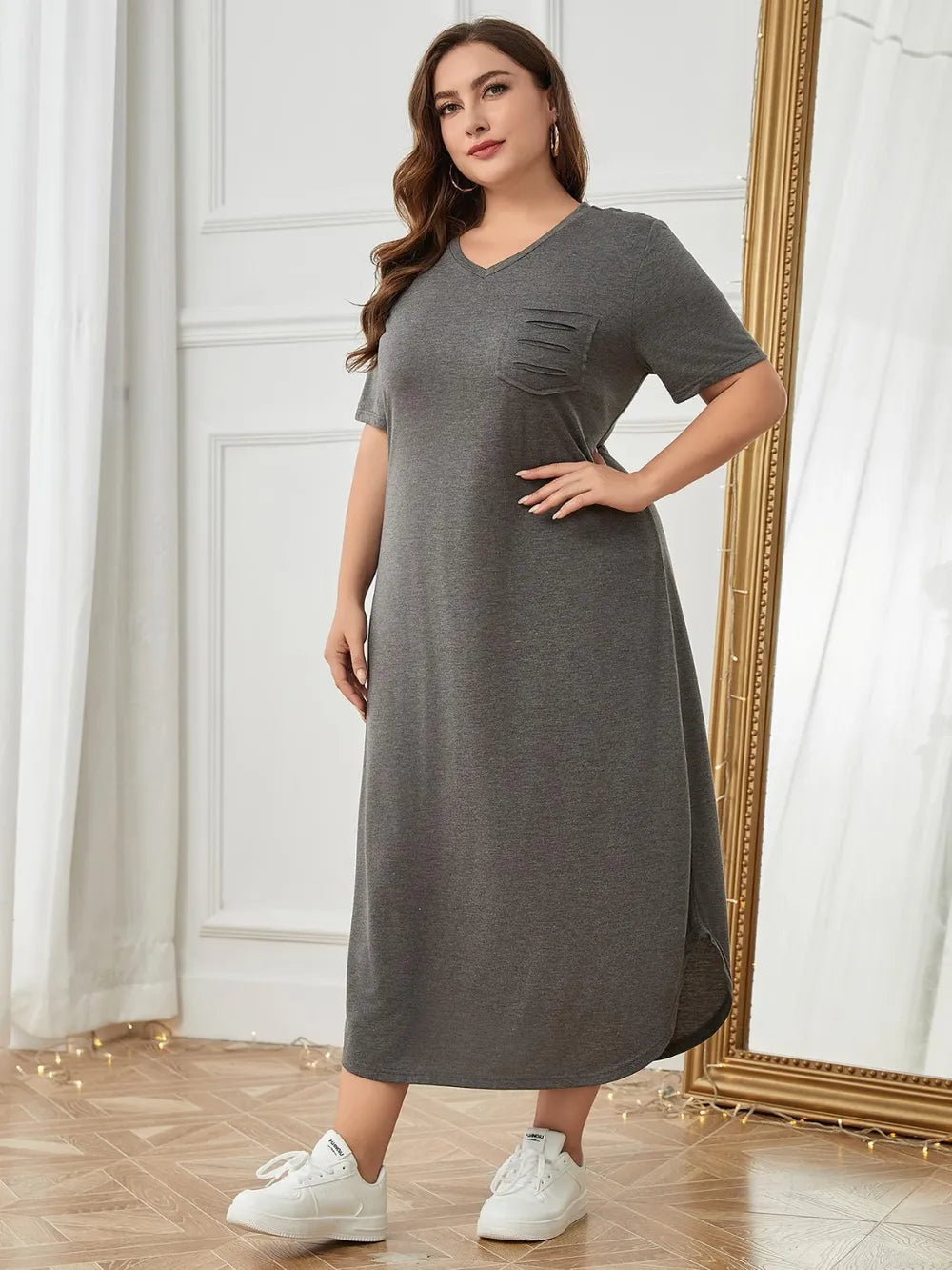 Plus Size Pocketed V-Neck Short Sleeve Lounge Dress - Sleepwear by Trendsi | Available at Handbags Specialist Headquarter