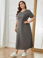 Plus Size Pocketed V-Neck Short Sleeve Lounge Dress - Sleepwear by Trendsi | Available at Handbags Specialist Headquarter