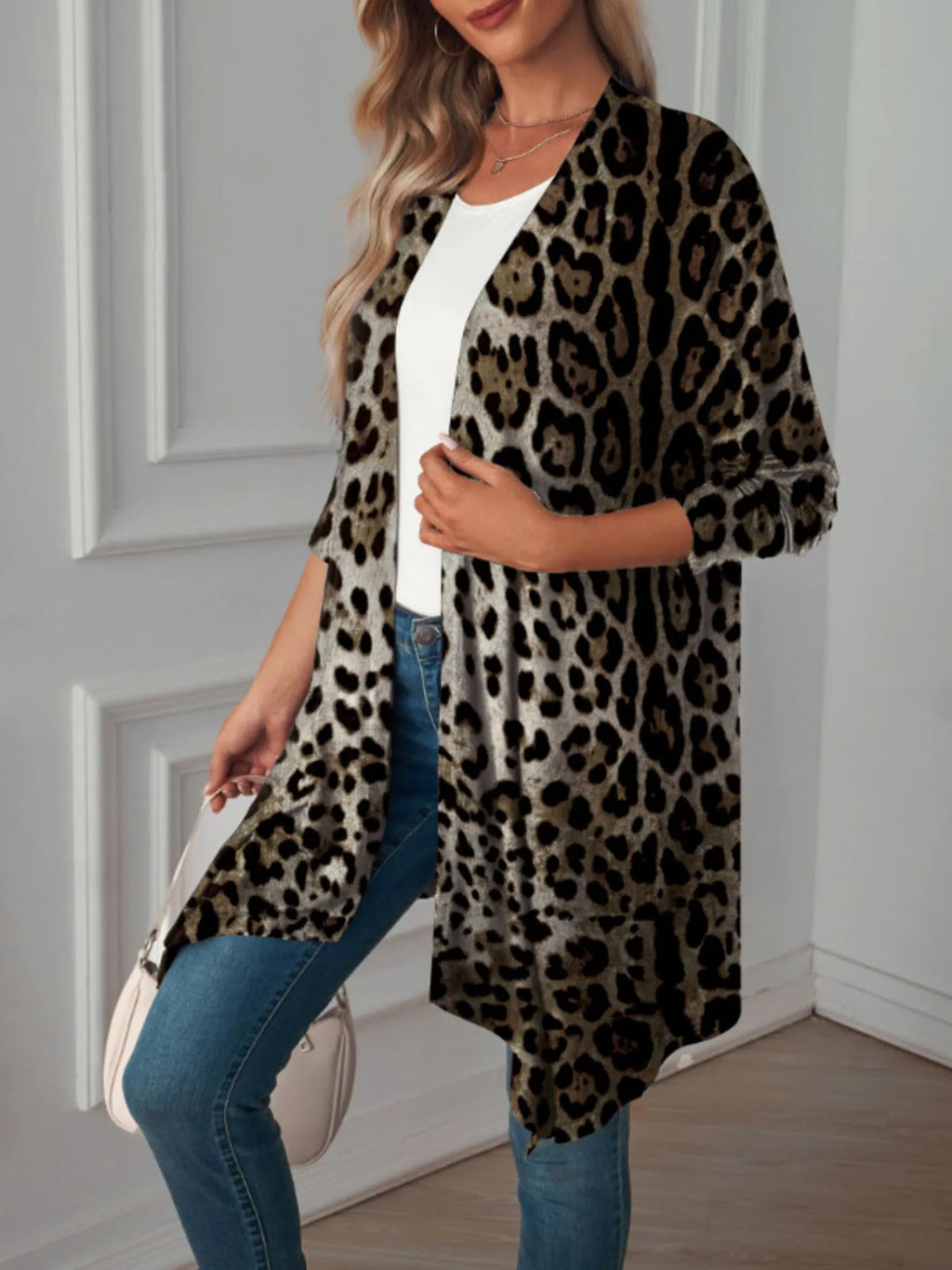Leopard Print Long Open Front Cardigan - Tops by Trendsi | Available at Handbags Specialist Headquarter