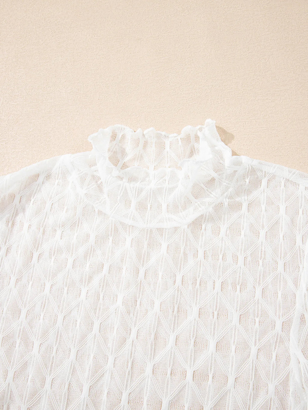 Sheer Mesh Patterned Lettuce Trim Slim Long Sleeve Top - Tops by Trendsi | Available at Handbags Specialist Headquarter