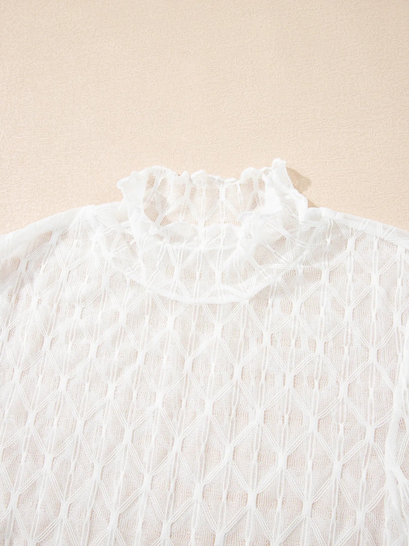 Sheer Mesh Patterned Lettuce Trim Slim Long Sleeve Top - Tops by Trendsi | Available at Handbags Specialist Headquarter