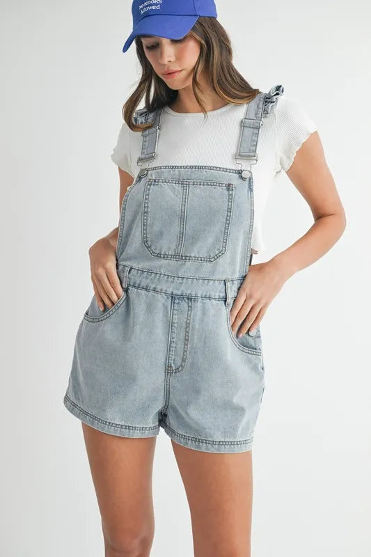 MABLE Square Neck Ruffle Shoulder Denim Overall Romper - Women / Jeans & Denim by Trendsi | Available at Handbags Specialist Headquarter