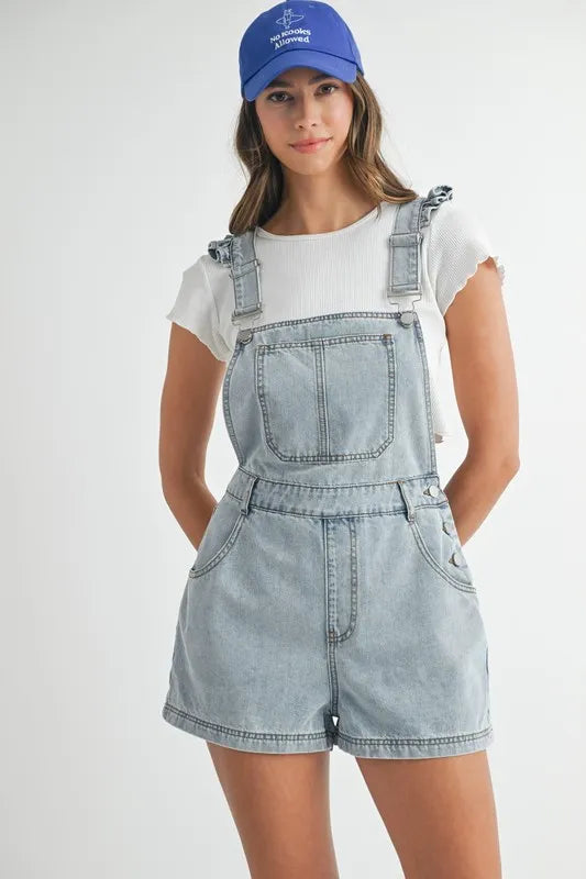 MABLE Square Neck Ruffle Shoulder Denim Overall Romper - Women / Jeans & Denim by Trendsi | Available at Handbags Specialist Headquarter