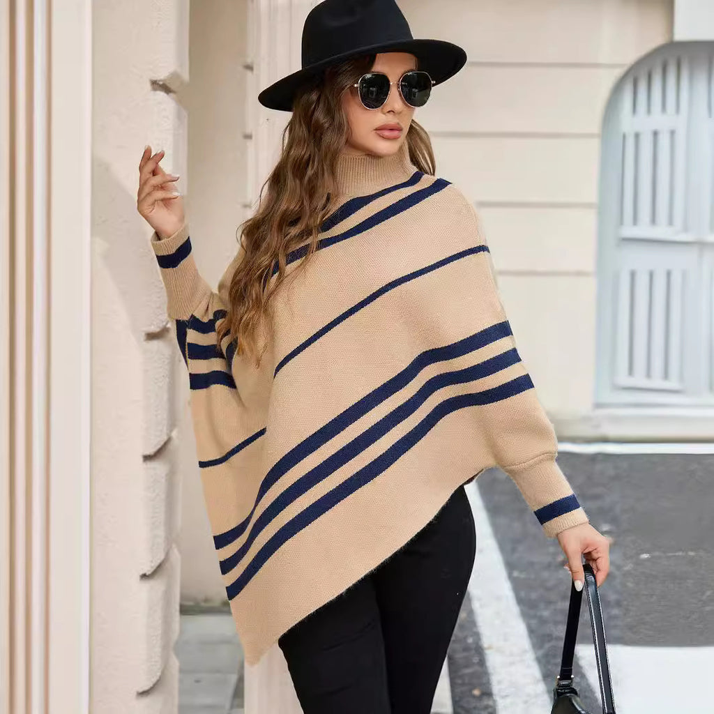 StripeBat Shawl: Half Turtleneck Pullover Sweater - Women's Sweatshirt by Trendsi | Available at Handbags Specialist Headquarter