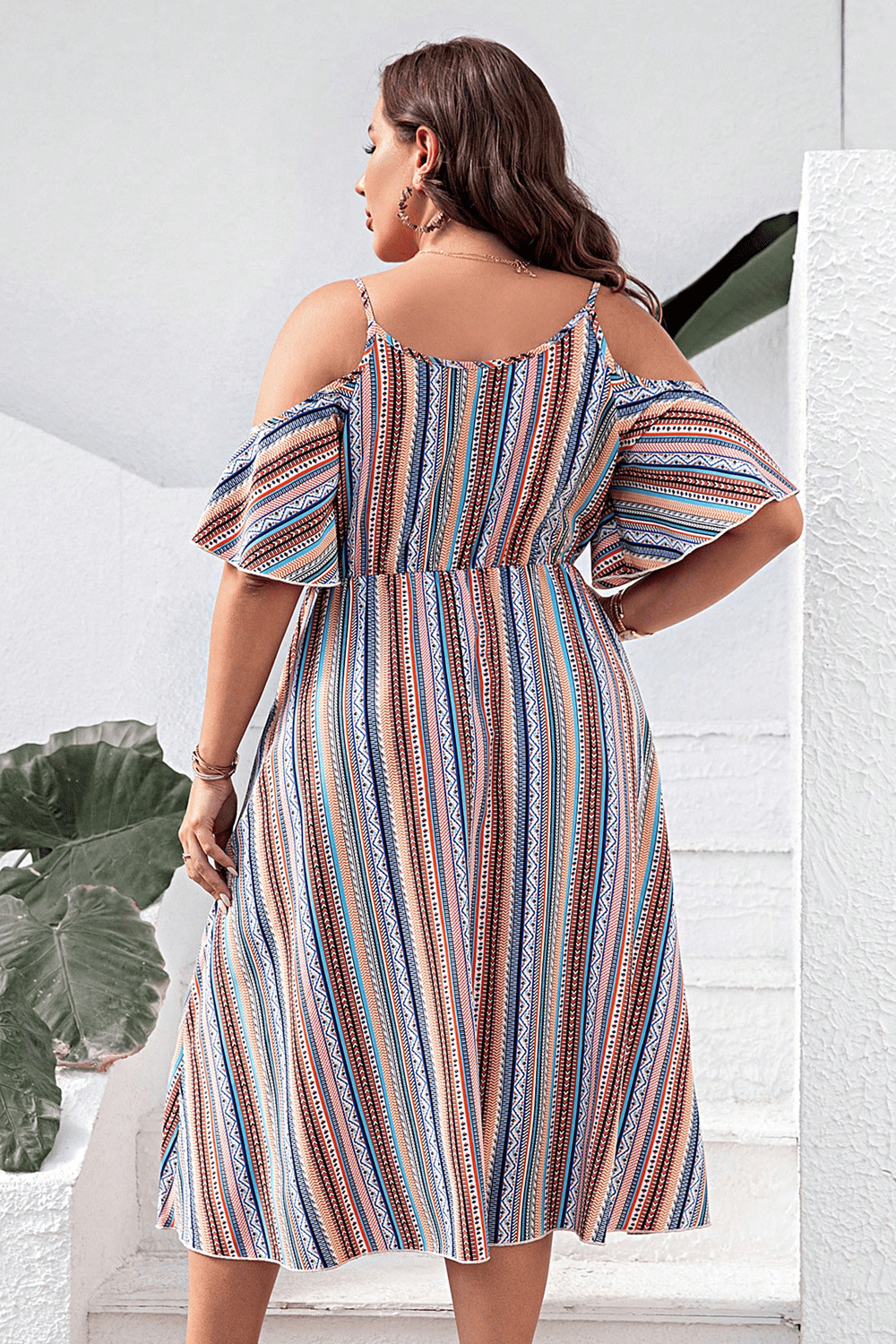Plus Size Striped Cold-Shoulder Dress - Dresses by Trendsi | Available at Handbags Specialist Headquarter