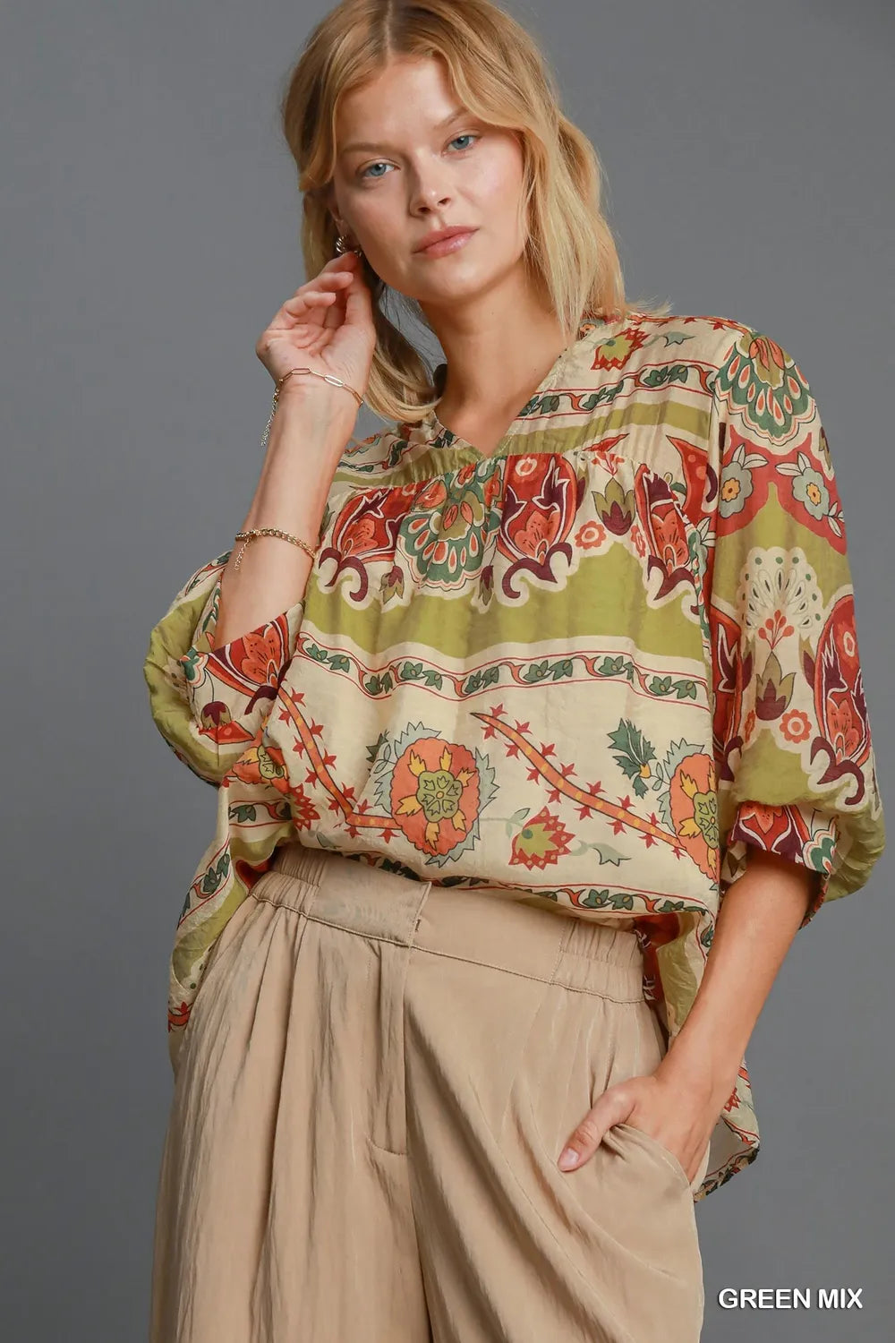 Umgee Full Size Border Print Notched 3/4 Puff Sleeve Blouse Plus Size - Dresses by Trendsi | Available at Handbags Specialist Headquarter