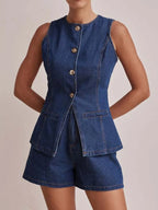 Button Down Vest and Shorts Denim Set - Women / Jeans & Denim by Trendsi | Available at Handbags Specialist Headquarter
