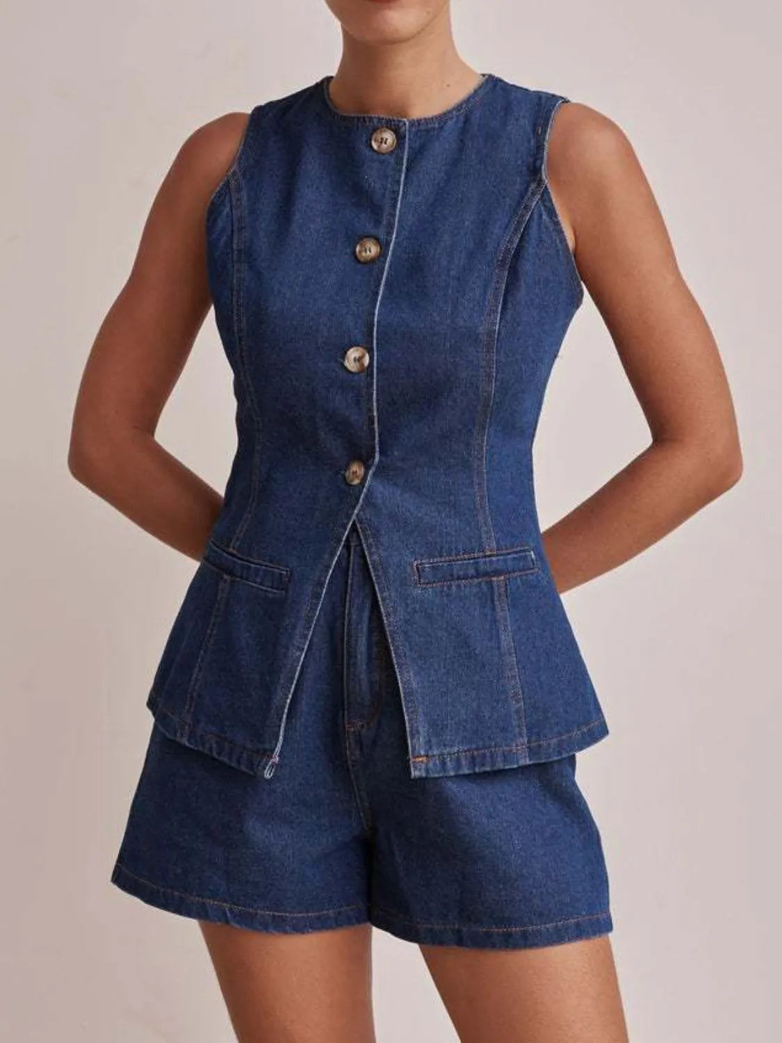 Button Down Vest and Shorts Denim Set - Women / Jeans & Denim by Trendsi | Available at Handbags Specialist Headquarter