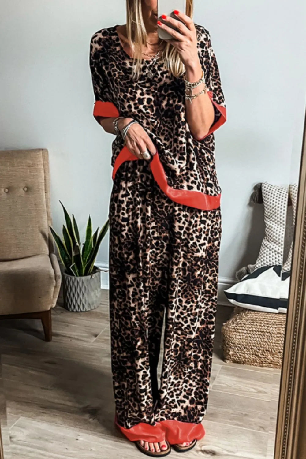 Contrast Trim Leopard Round Neck Top and Pants Lounge Set - Sleepwear by Trendsi | Available at Handbags Specialist Headquarter