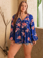 Plus Size Printed Tie Neck Balloon Sleeve Blouse - Plus Size Shirts by Trendsi | Available at Handbags Specialist Headquarter