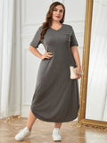 Plus Size Pocketed V-Neck Short Sleeve Lounge Dress - Sleepwear by Trendsi | Available at Handbags Specialist Headquarter