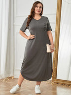 Plus Size Pocketed V-Neck Short Sleeve Lounge Dress - Sleepwear by Trendsi | Available at Handbags Specialist Headquarter