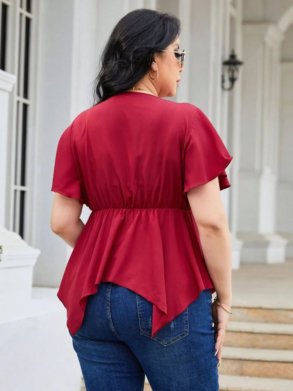 Plus Size Frill Surplice Flutter Sleeve Blouse - Plus Size Shirts by Trendsi | Available at Handbags Specialist Headquarter