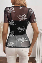 Bow Mesh Round Neck Short Sleeve T-Shirt - Women / Tops by Trendsi | Available at Handbags Specialist Headquarter