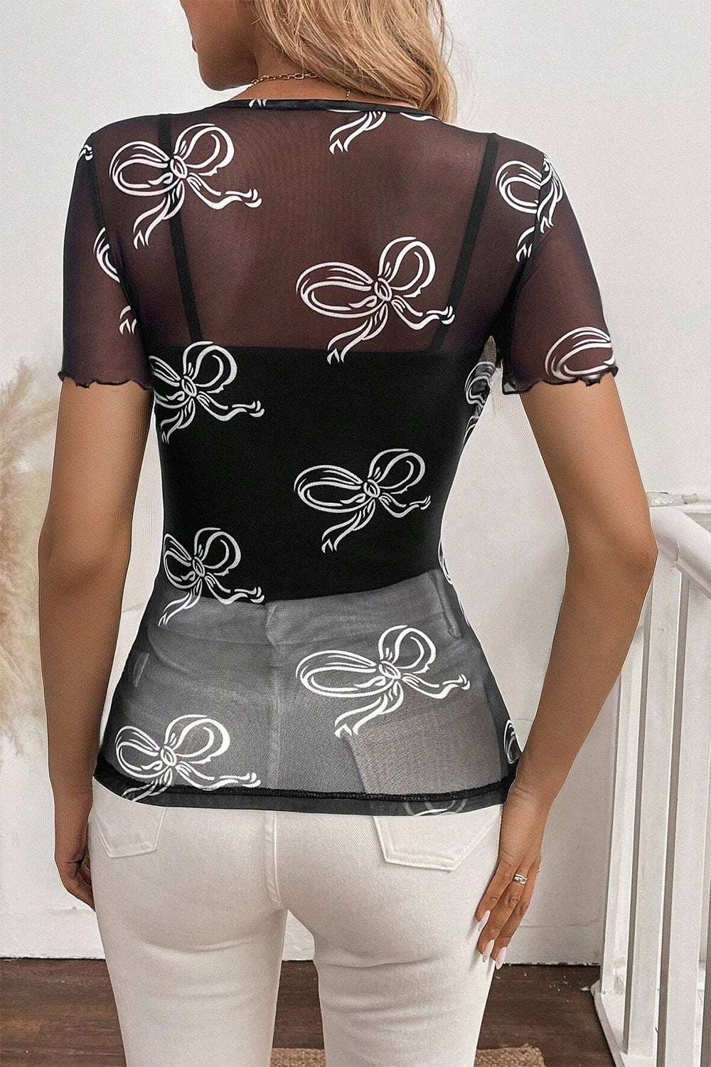 Bow Mesh Round Neck Short Sleeve T-Shirt - Women / Tops by Trendsi | Available at Handbags Specialist Headquarter