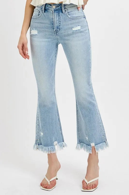 RISEN Full Size Raw Hem Distressed Cropped Flare Jeans Plus Size - Women / Jeans & Denim by Trendsi | Available at Handbags Specialist Headquarter