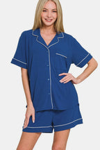 Zenana Button Down Short Sleeve Top and Shorts Lounge Set - Sleepwear by Trendsi | Available at Handbags Specialist Headquarter