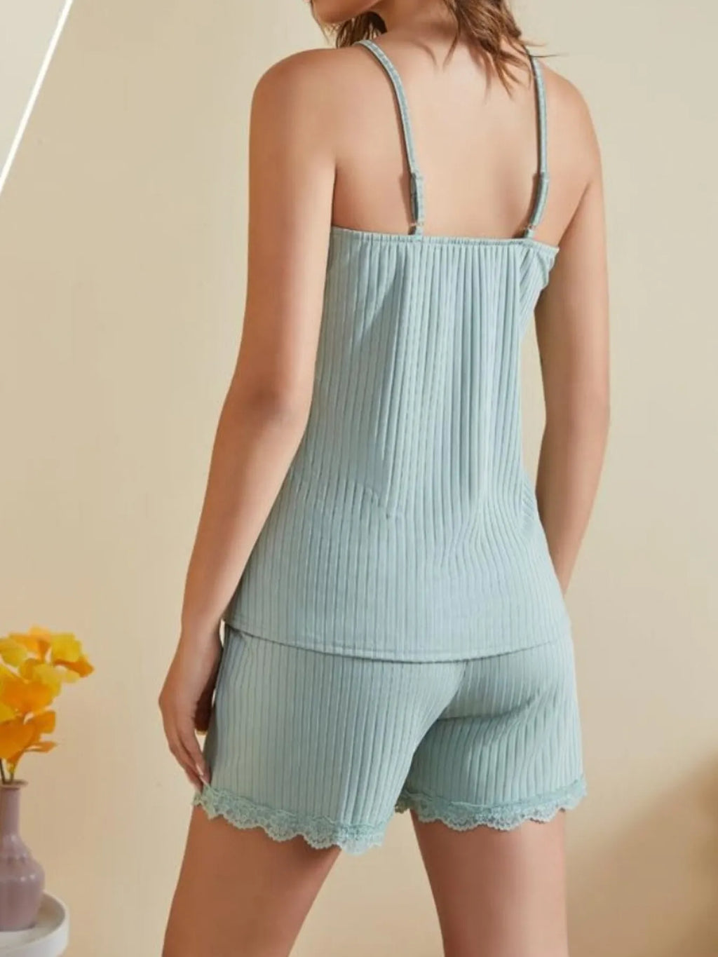 Lace-Trimmed Ribbed Cami and Shorts Lounge Set - Sleepwear by Trendsi | Available at Handbags Specialist Headquarter