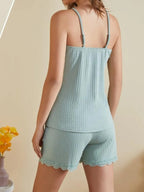 Lace-Trimmed Ribbed Cami and Shorts Lounge Set - Sleepwear by Trendsi | Available at Handbags Specialist Headquarter