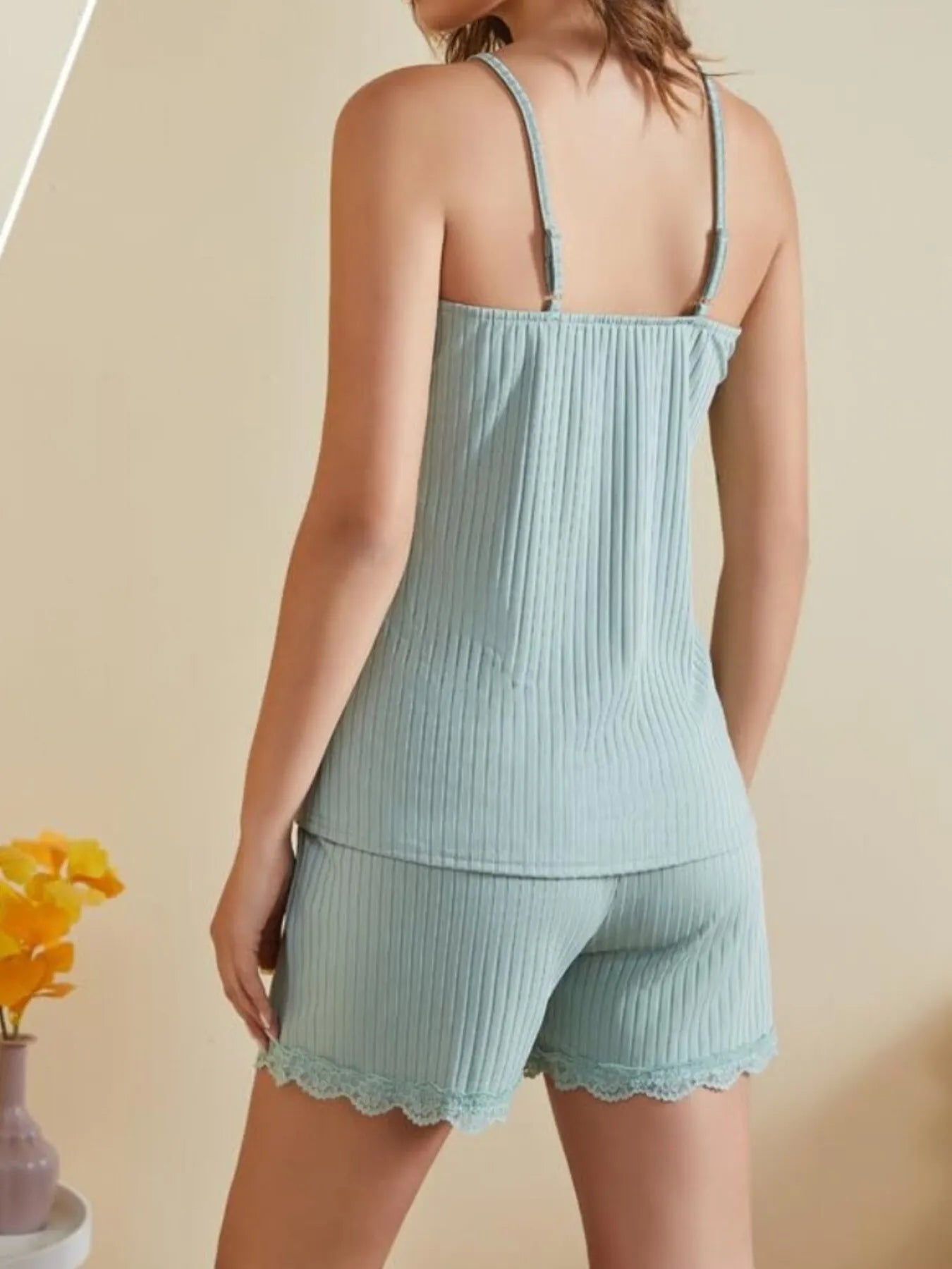 Lace-Trimmed Ribbed Cami and Shorts Lounge Set - Sleepwear by Trendsi | Available at Handbags Specialist Headquarter