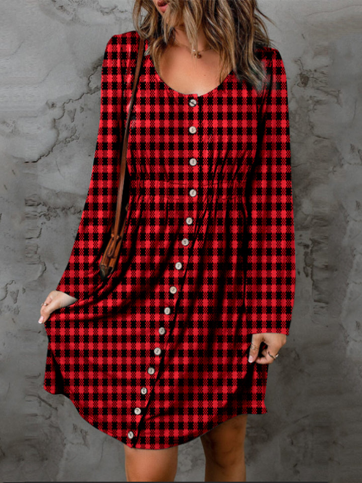 Double Take Full Size Plaid Round Neck Long Sleeve Magic Dress - Dresses by Trendsi | Available at Handbags Specialist Headquarter