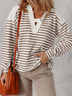 Striped V-Neck Long Sleeve Knit Hoodie - Tops by Trendsi | Available at Handbags Specialist Headquarter