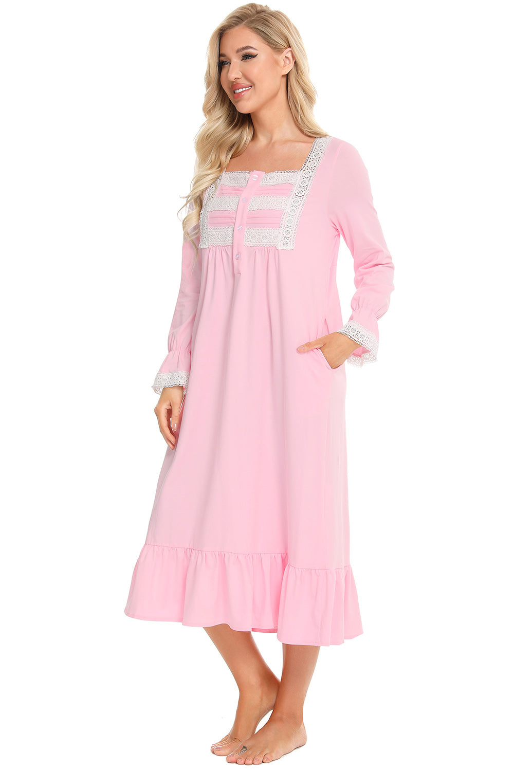 Lace Detail Square Neck Flounce Sleeve Night Dress - Sleepwear by Trendsi | Available at Handbags Specialist Headquarter