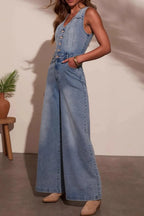 V-neck Wide Leg Denim Jumpsuit - Women / Jeans & Denim by Trendsi | Available at Handbags Specialist Headquarter