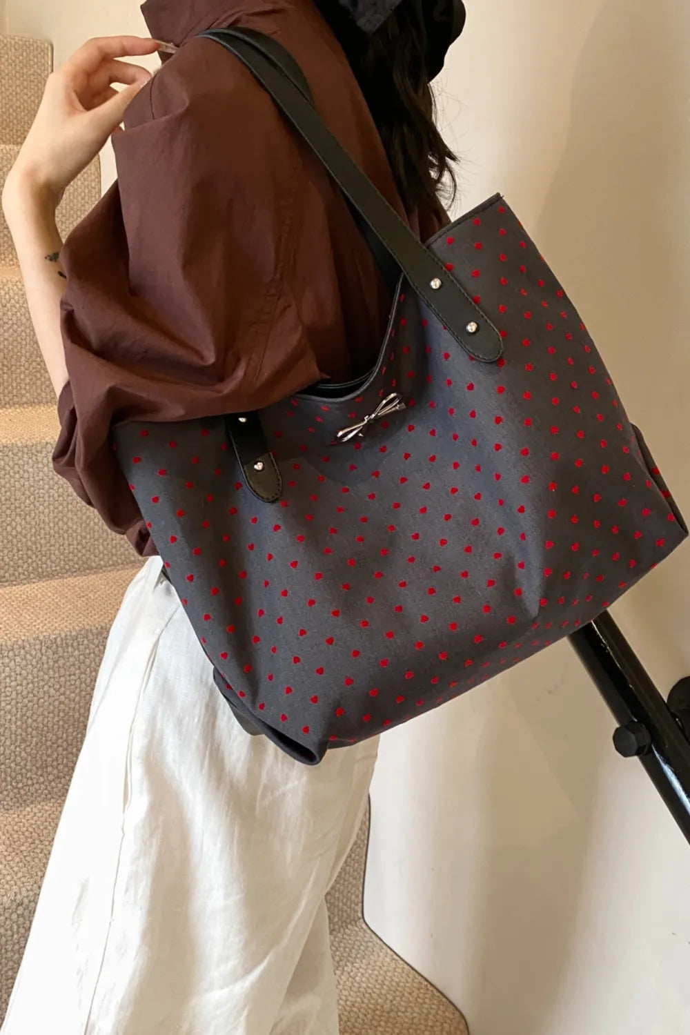 Polyester Bow Polka Dot Tote Bag - Tote Bag by Trendsi | Available at Handbags Specialist Headquarter