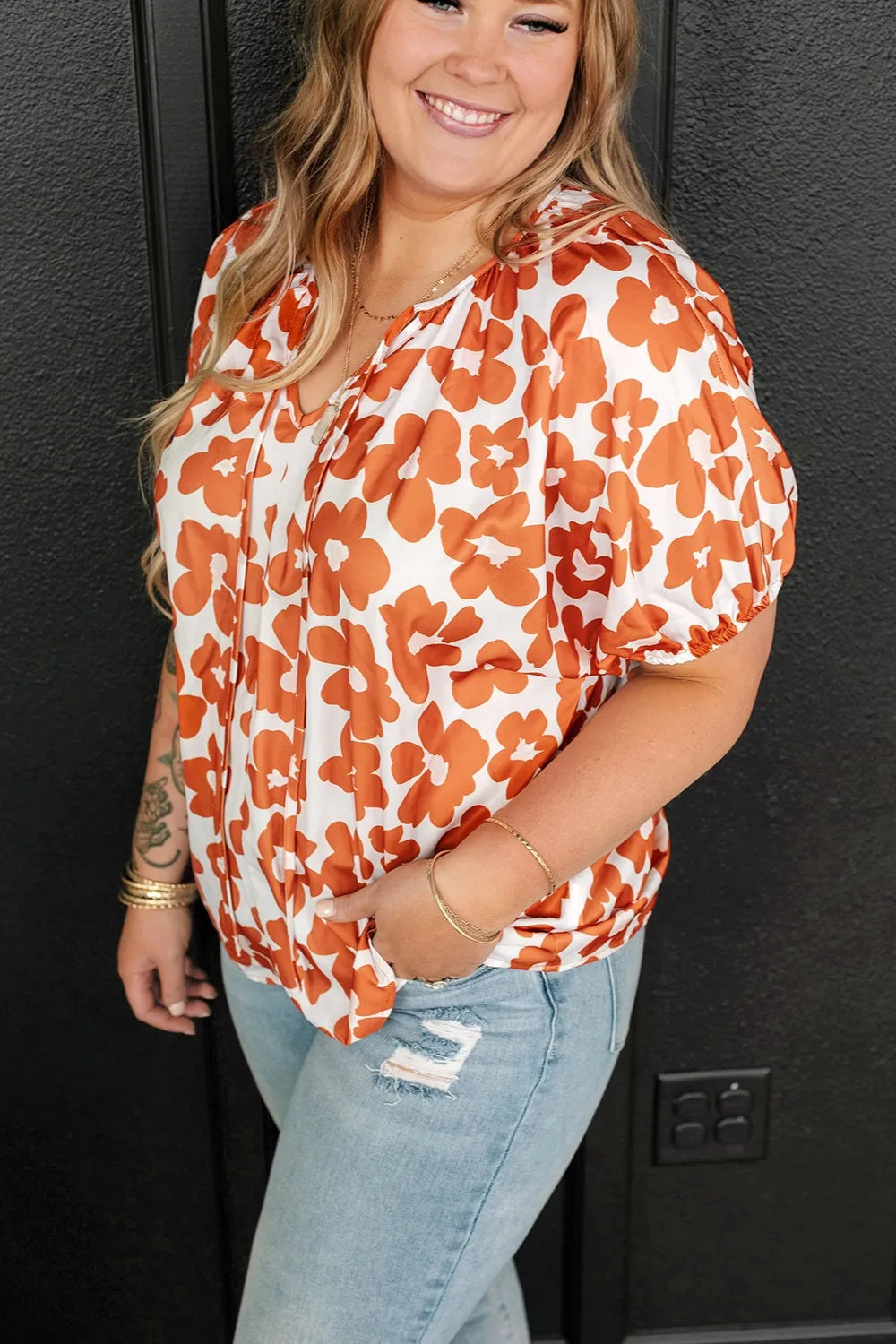 Plus Size Printed Tie Neck Short Sleeve Blouse - Plus Size Shirts by Trendsi | Available at Handbags Specialist Headquarter