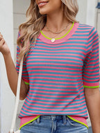 Striped Casual T-Shirt with Contrast Trim - Tops by Trendsi | Available at Handbags Specialist Headquarter