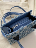 Raw Hem Checkered Denim Handbag - Tote Bag by Trendsi | Available at Handbags Specialist Headquarter