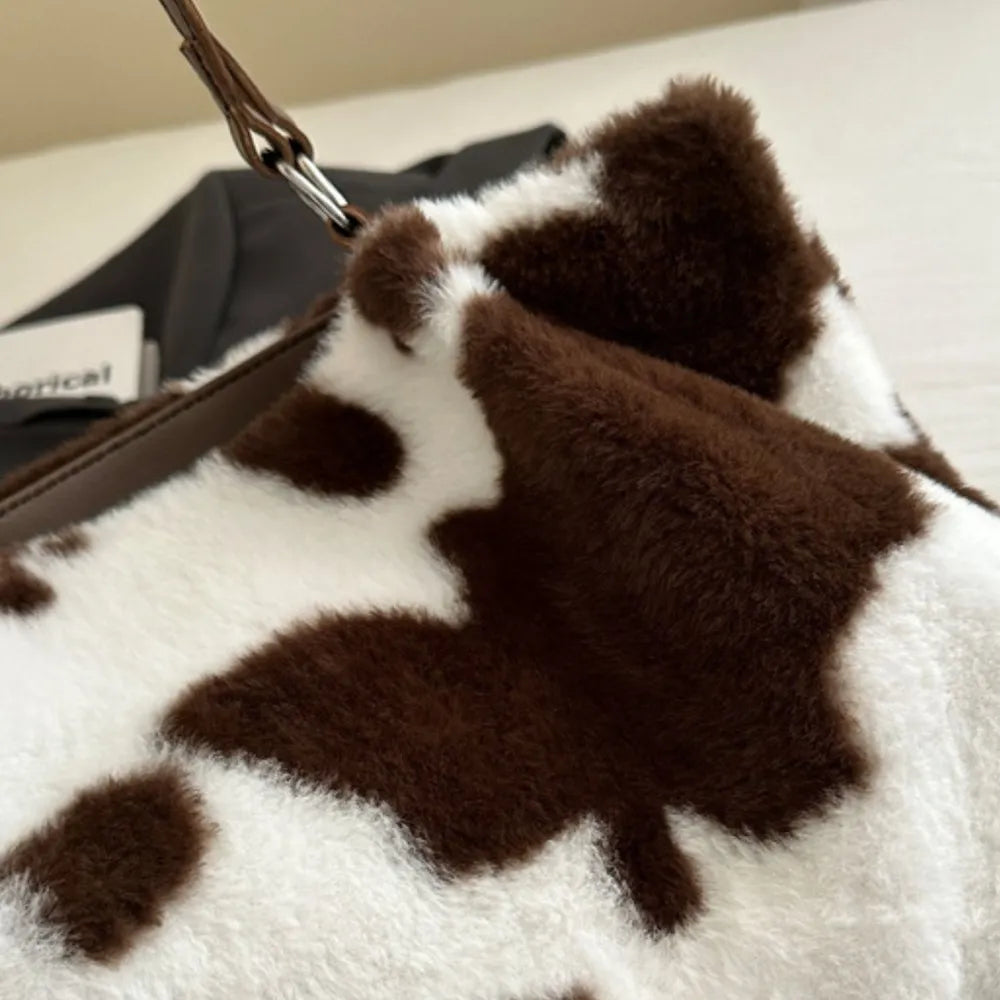 Cow Print Furry Tote Bag - Tote Bag by Trendsi | Available at Handbags Specialist Headquarter