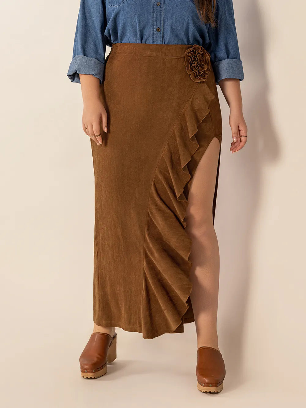 Plus Size Ruffled Slit High Rise Skirt -  by Trendsi | Available at Handbags Specialist Headquarter