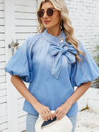 Denim Bow Tie Puff Sleeve Top - Tops by Trendsi | Available at Handbags Specialist Headquarter