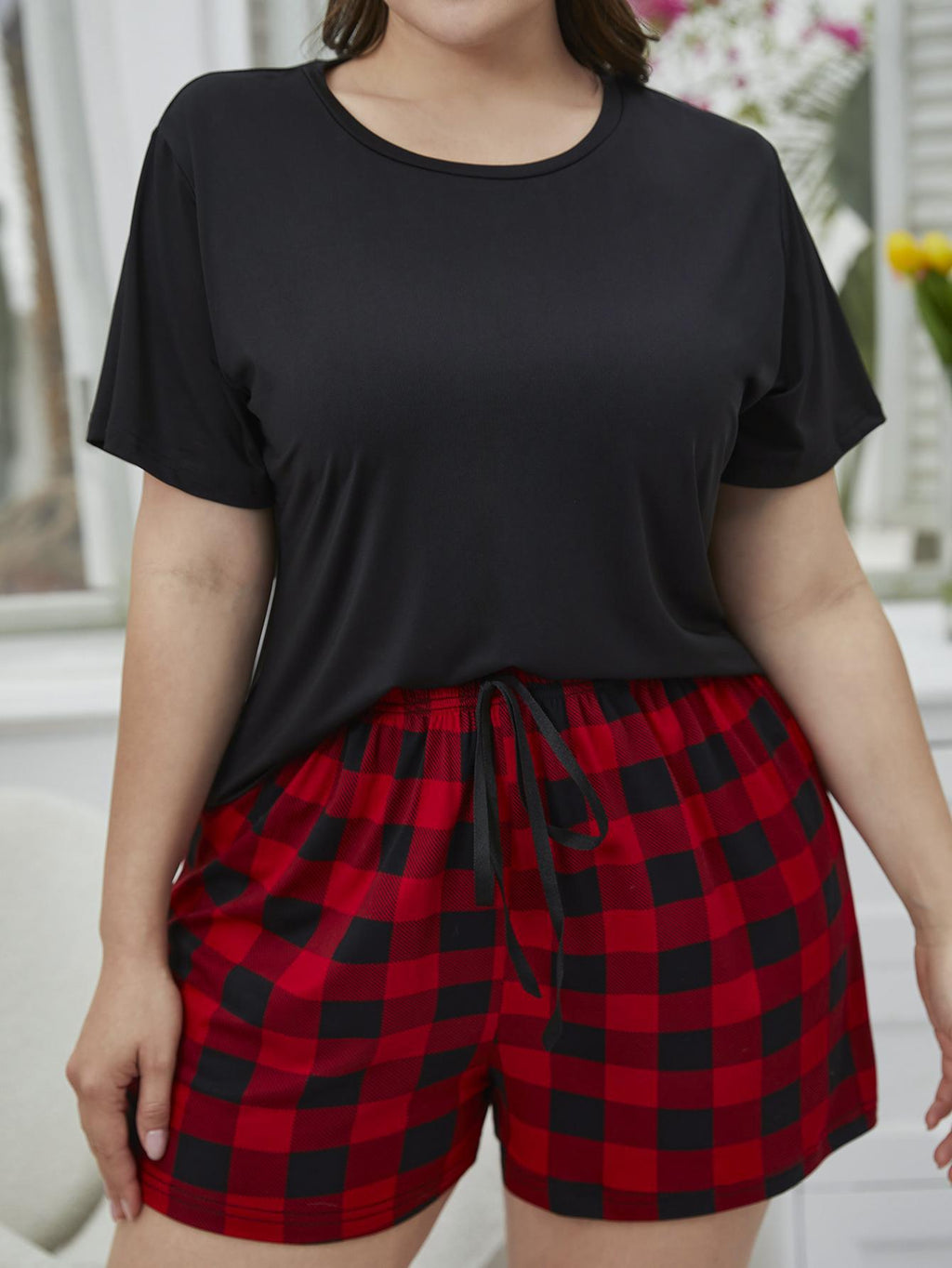 Plus Size Round Neck Tee Shirt and Plaid Shorts Lounge Set - Plus Size Shirts by Trendsi | Available at Handbags Specialist Headquarter