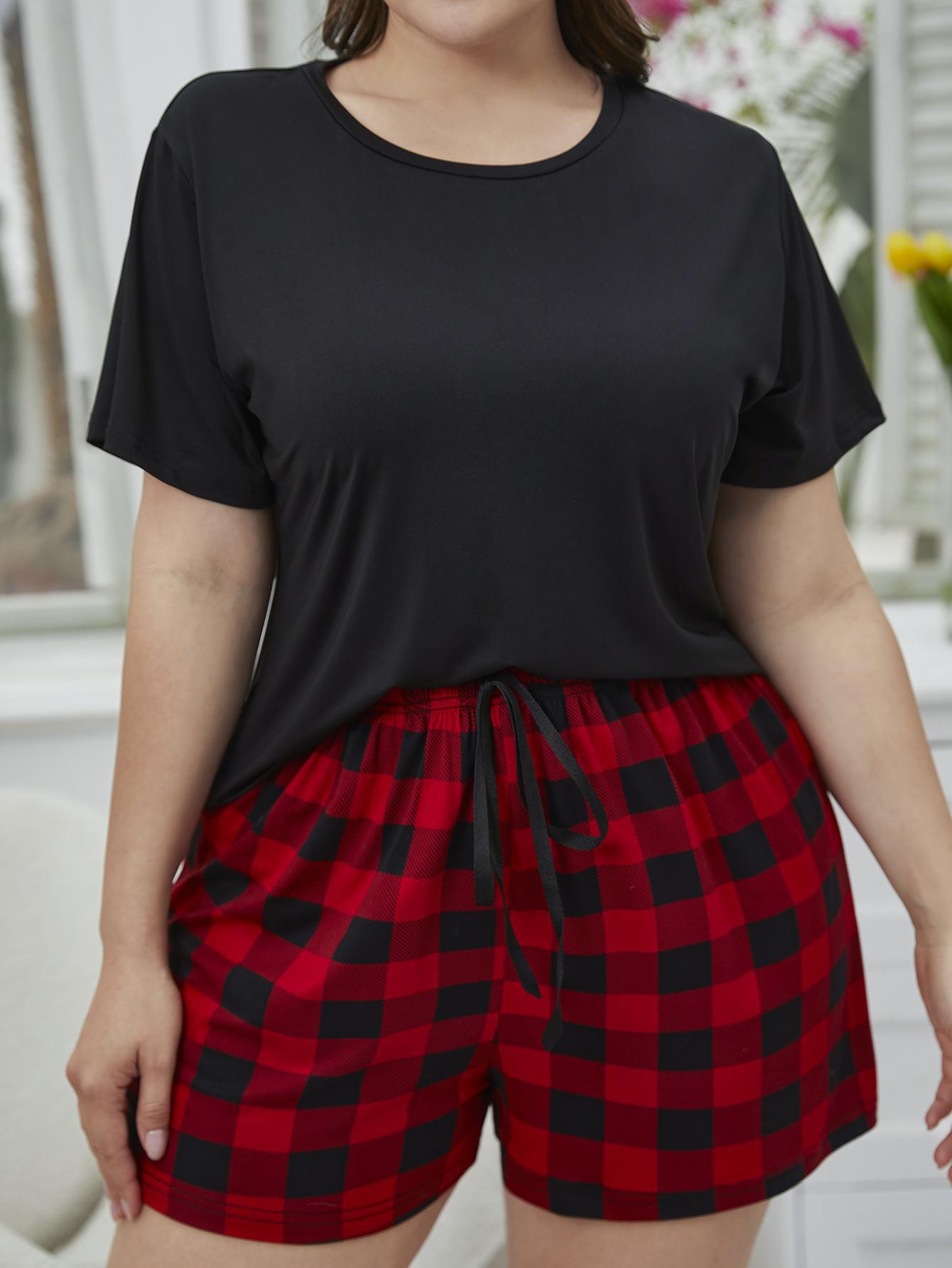 Plus Size Round Neck Tee Shirt and Plaid Shorts Lounge Set - Plus Size Shirts by Trendsi | Available at Handbags Specialist Headquarter