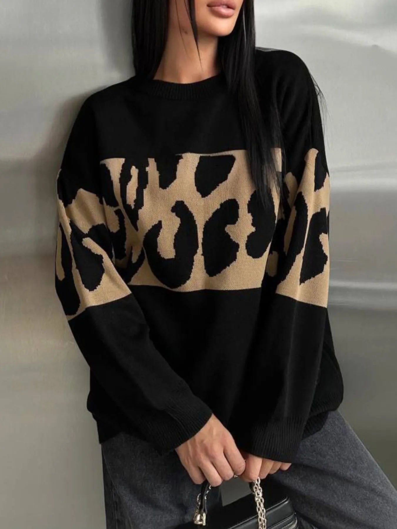 Leopard Color Block Round Neck Sweater - Tops by Trendsi | Available at Handbags Specialist Headquarter