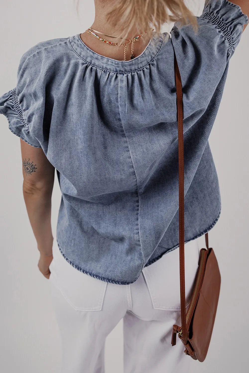 V Neck Ruffled Short Puff Sleeve Denim Top - Women / Jeans & Denim by Trendsi | Available at Handbags Specialist Headquarter