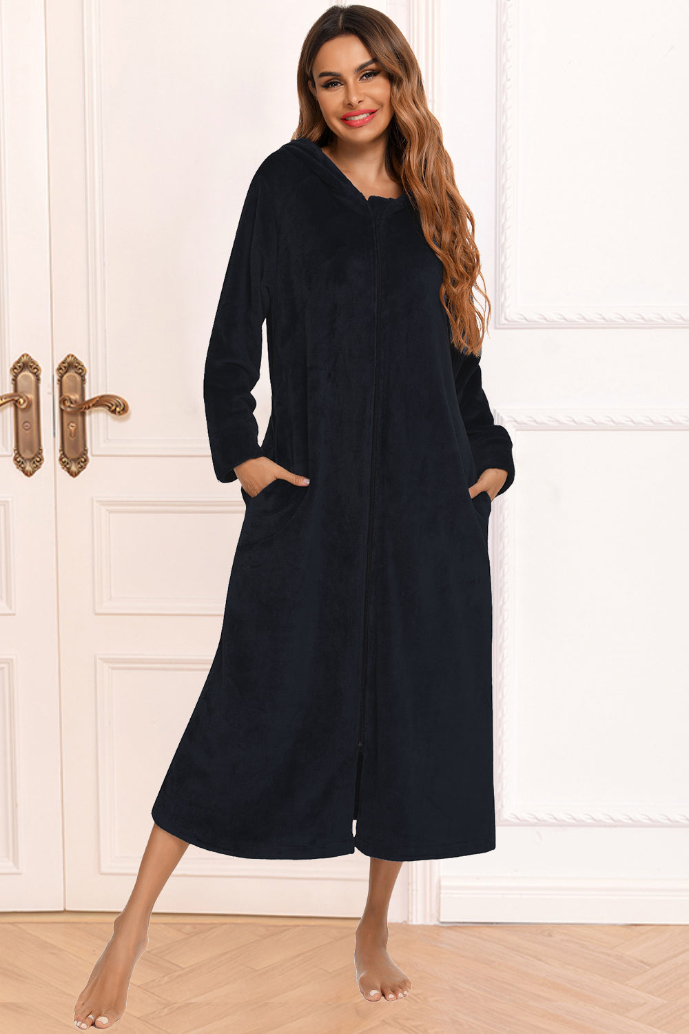 Zip Front Hooded Night Dress with Pockets - Sleepwear by Trendsi | Available at Handbags Specialist Headquarter