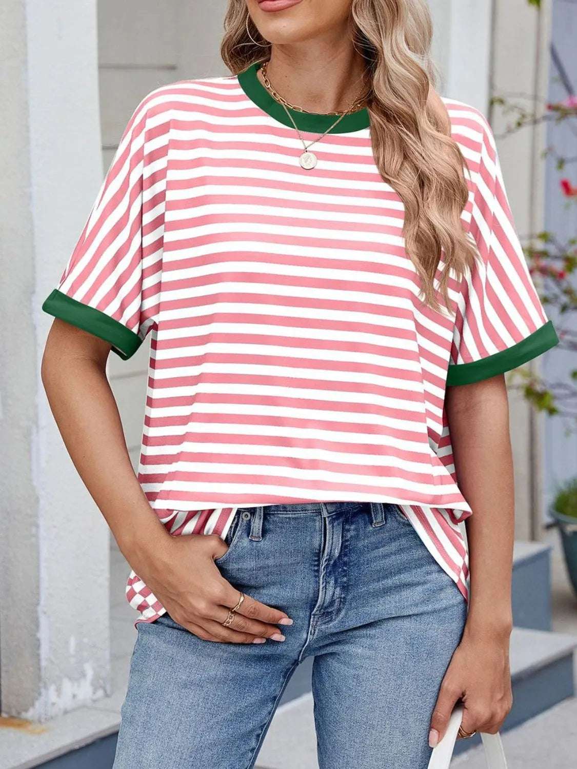 Striped Round Neck Half Sleeve T-Shirt - Women / Tops by Trendsi | Available at Handbags Specialist Headquarter