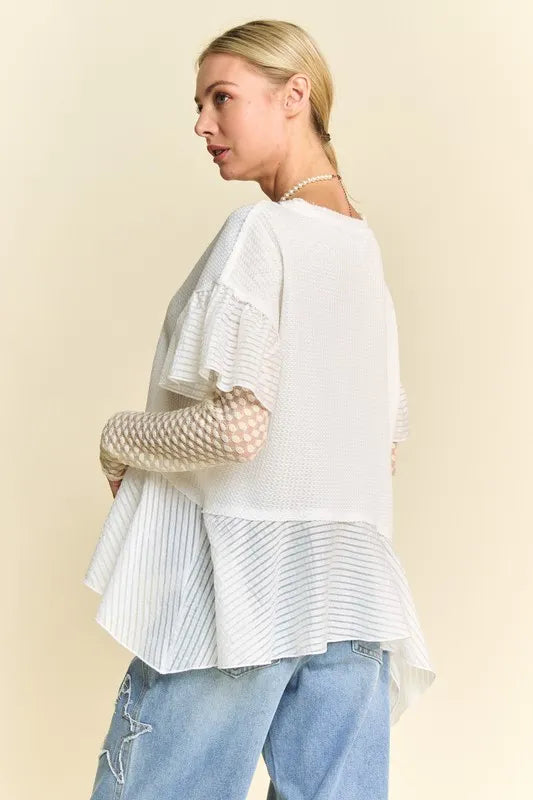 Davi & Dani Waffle Knit Bodice Ruffle Bottom Detail Top -  by Trendsi | Available at Handbags Specialist Headquarter