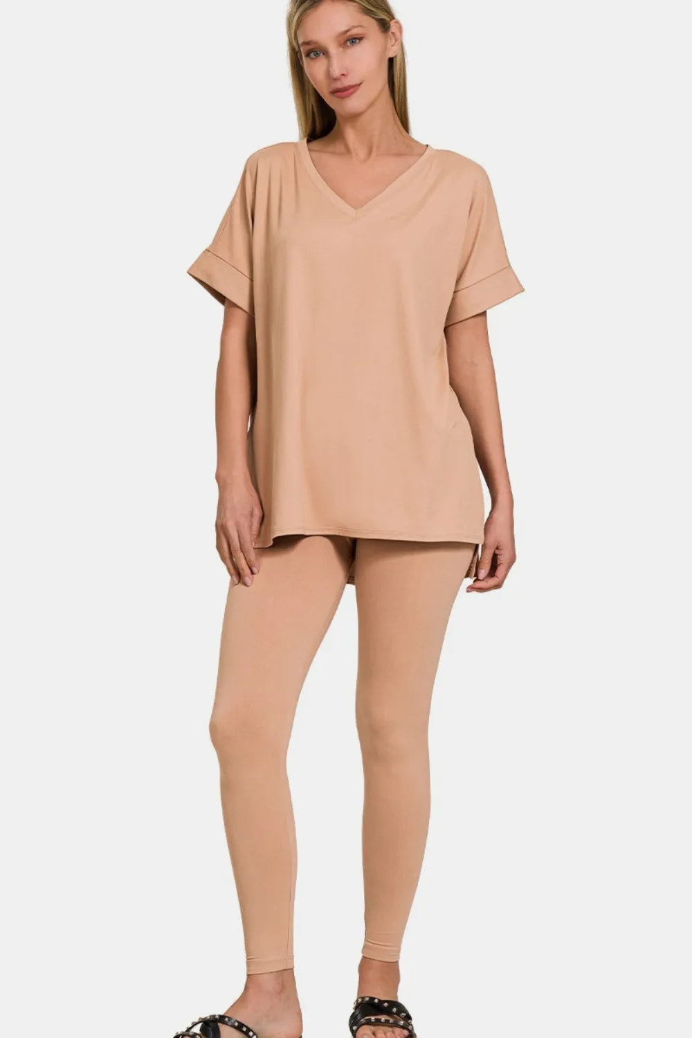Zenana Full Size V-Neck Rolled Short Sleeve T-Shirt and Leggings Lounge Set - sleepwear by Trendsi | Available at Handbags Specialist Headquarter