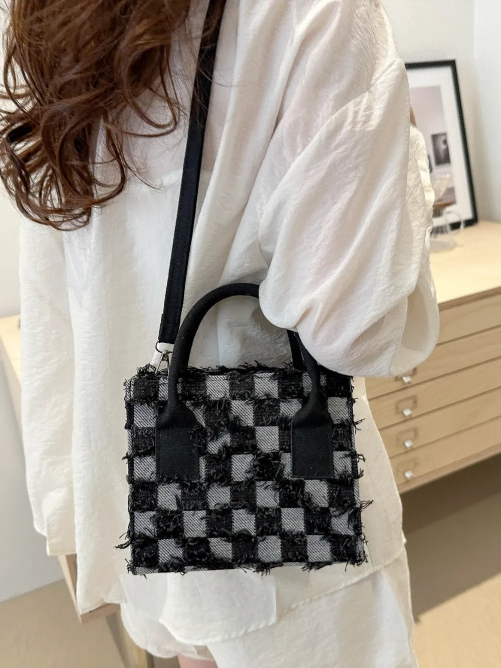 Raw Hem Checkered Denim Handbag - Tote Bag by Trendsi | Available at Handbags Specialist Headquarter