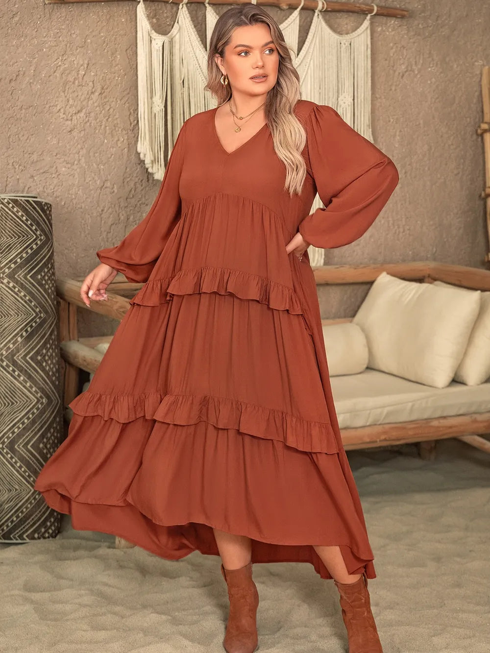 Plus Size Ruffled V-Neck Balloon Sleeve Dress - Dresses by Trendsi | Available at Handbags Specialist Headquarter