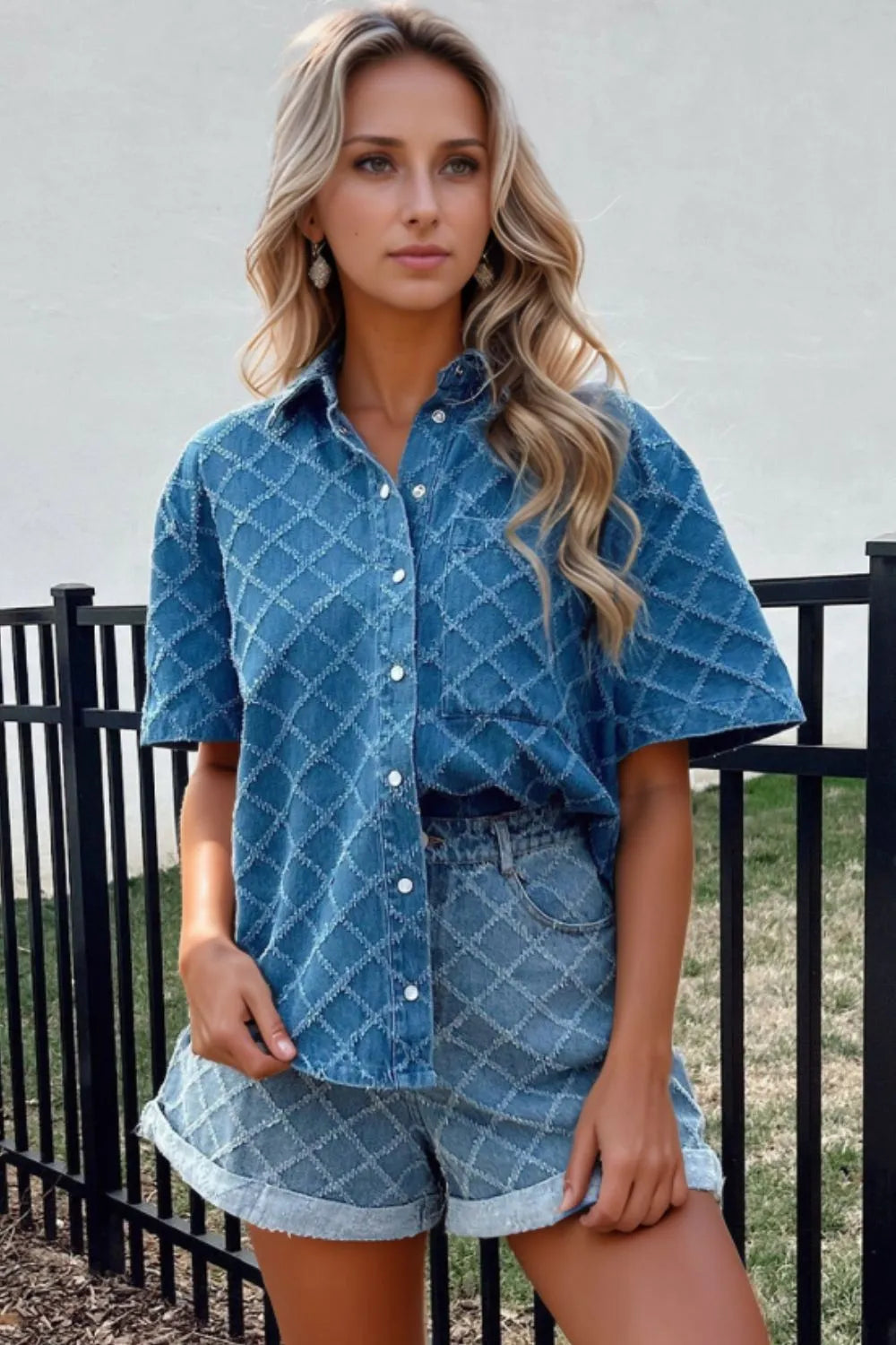 Pocketed Collared Neck Short Sleeve Denim Shirt - Women / Jeans & Denim by Trendsi | Available at Handbags Specialist Headquarter