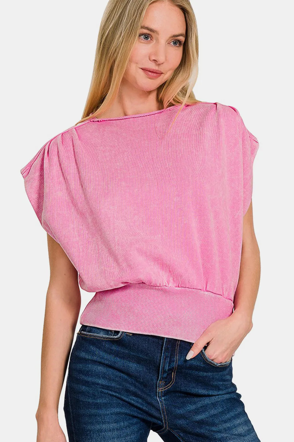 Zenana Washed Boat Neck Bottom Banded Dolman Sleeve Top -  by Trendsi | Available at Handbags Specialist Headquarter
